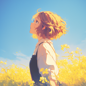 春の菜の花畑の中、青空を見上げるショートカットの少女。暖かい光に包まれた横顔が柔らかく輝き、黄色い花々と青空が調和した幻想的な一枚。