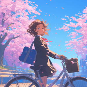 桜並木の春の通学路で、自転車に乗って微笑む制服姿の女子学生。花びらが舞う青空の下、春風に髪をなびかせるアニメ風の美少女イラスト。