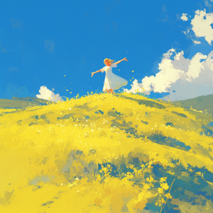 菜の花で覆われた丘の上に立ち、青空に向かって両手を広げる白いワンピース姿の少女。春風に髪と服がなびき、開放感あふれる情景が描かれている。