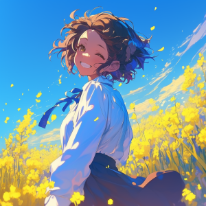 菜の花畑の中で振り返りながら笑顔を見せる制服姿の少女。春の青空と黄色い花が鮮やかに広がるアニメ風イラスト