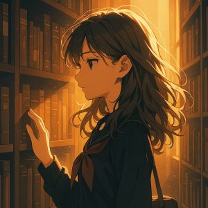 図書室の本棚の前で少女が本を探している。光と影がドラマチックに交差し、静けさの中に知的な雰囲気が漂うアニメ風イラスト。