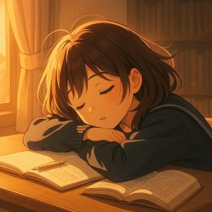 図書室の机でうたた寝をしている女子学生。ノートと本が広がり、カーテン越しに柔らかな光が差し込む。