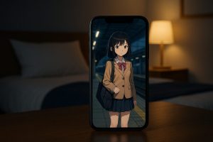 ベッドサイドのスマートフォンに、駅のホームに立つアニメ風女子学生が表示されている。背景は暖かな室内の夜景
