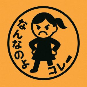 怒った表情の女の子ピクトグラムに「なんなのよコレ！」という文字が円形に回り込むユニークなアイコン