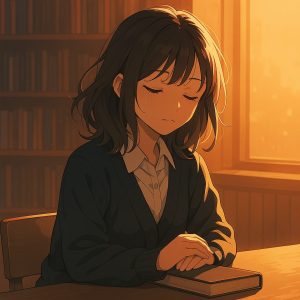 夕焼けに染まる図書室で、読書を終えた女子学生が静かに目を閉じているイラスト。背景には西日に照らされた本棚が並んでいる。