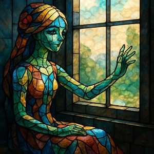 ステンドグラスでできた少女が窓辺に座り、手を窓に伸ばしている幻想的なイラスト。背景はフォトリアルな木々と空。