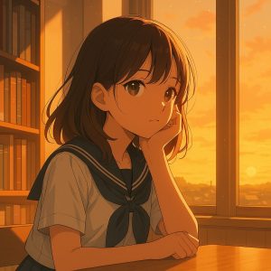放課後の図書室で、少女が窓辺に座り頬杖をついて夕焼けを見つめている様子。やわらかな夕日が彼女の顔をほんのりと染めている。