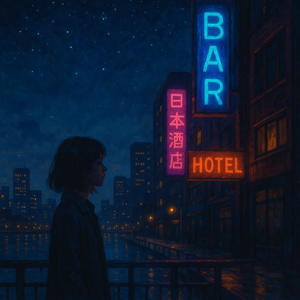 ネオンライトに照らされた夜の都市、川辺に佇む女性の後ろ姿が映る、幻想的なデジタルペインティング。