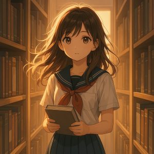 図書室の本棚の間で本を手に持ち、静かに佇む女子学生。夕日の逆光が髪をやさしく照らしている。