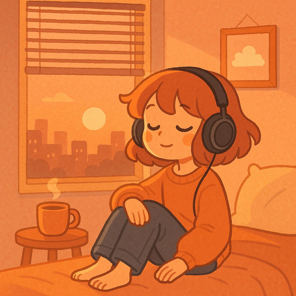 夕暮れの部屋で音楽を聴きながら微笑む女の子のかわいいイラスト