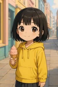 黒髪ボブの5歳の女の子が黄色いパーカーを着て、アイスクリームを持ちながらパステルカラーの街角に立っているアニメ風の縦長イラスト