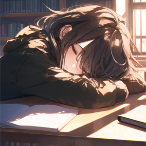 図書室の机でうたた寝する女子学生。ノートを開いたまま、穏やかな夕日が髪と机の上をやさしく照らしている。