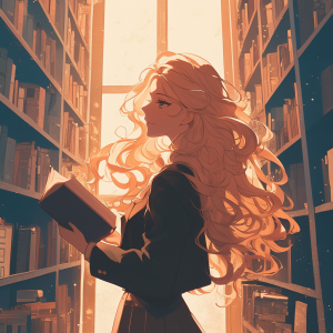 図書室の本棚の間に立ち、本を手にする金髪の女子学生。夕日が逆光となり、髪を柔らかく照らしている。