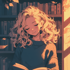 図書室で読書を終えた金髪の少女が、目を閉じて静かに微笑んでいるイラスト。夕暮れの光が彼女と本棚をやわらかく照らしている。