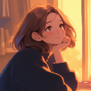 図書室の窓辺に座り、頬杖をついて外を見つめる少女。夕焼けの光が優しく頬を染めている。