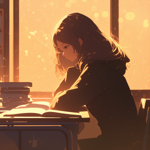放課後の図書室で、一人静かに本を読んでいる制服姿の女子学生。夕焼けの光が窓から差し込み、ページと髪を優しく照らしているアニメ風イラスト。