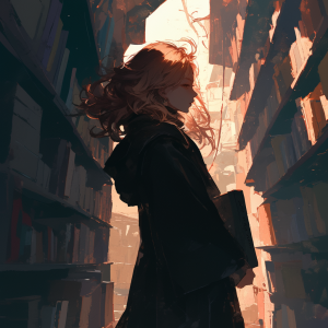 図書室の暗がりの中、本棚の間に立ち、背表紙を見つめながら本を探す少女。ドラマチックな光と影に包まれたアニメ風の一枚。