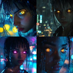 光る瞳の女性が雨の中、ネオンに照らされた都市の背景に佇む。未来的でサイバーパンクな雰囲気、リアルな質感と照明表現。
