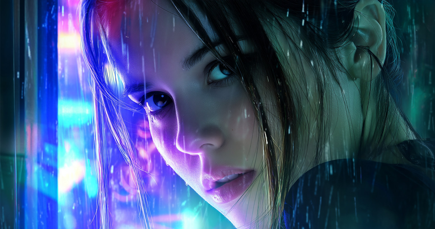 ネオン街のガラス越しにこちらを見つめる女性のクローズアップ。雨粒が髪と肌に伝い、鮮やかな青紫の光がリアルな質感を際立たせている。