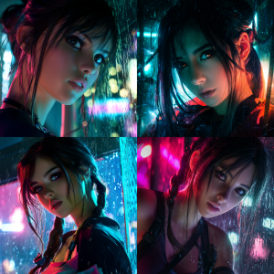 サイバーパンクスタイルの若い女性が、ガラス越しに雨とネオンの光を背景に佇む。ミステリアスな表情と静かな空気感が印象的なイラスト。