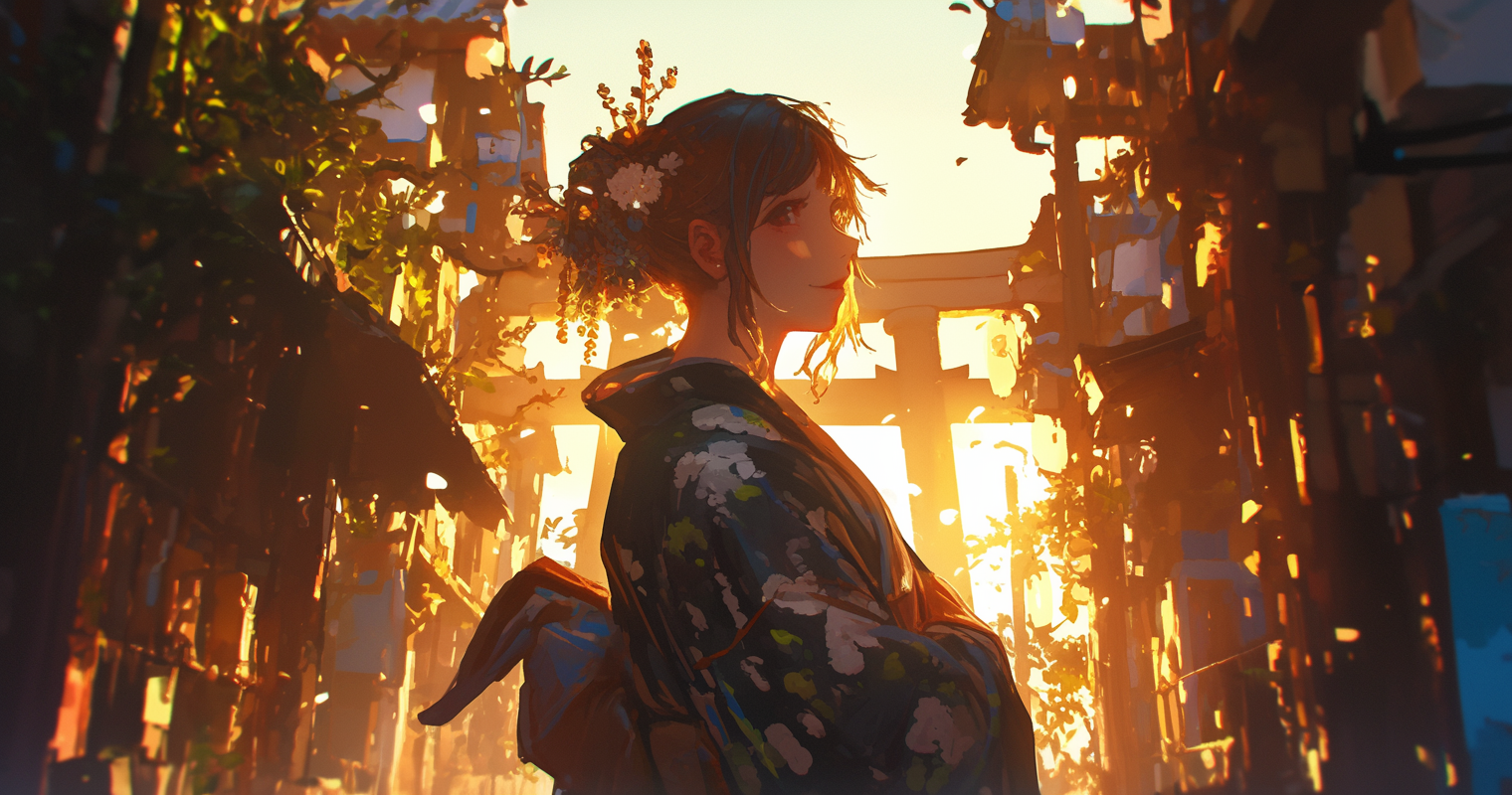 A young woman in a kimono standing in a Kyoto alley at golden hour, illuminated by warm sunlight.