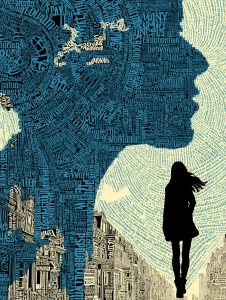 文字で描かれた巨大な女性の横顔と、その中に浮かぶ小さな少女のシルエット。都市の風景と融合するタイポグラフィアート