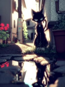 雨上がりの細い路地で、逆光に縁取られながら静かに佇む黒猫。水たまりには猫の姿が鮮明に映っている。ノスタルジックな光景。