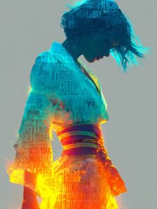 二重露光でワードクラウドと融合したネオンカラーの着物姿の和風美少女のAIイラスト（縦構図）