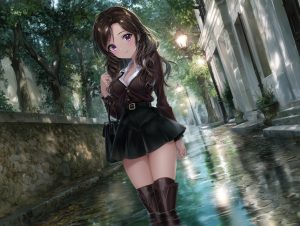 石畳の雨上がりの街並みに立つ、アニメスタイルの少女。濡れた地面の反射と街灯の光、背景の木々が美しく調和している。