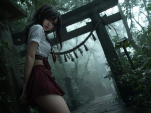 霧が立ち込める森の中、鳥居の前に立つアニメスタイルの巫女風少女。写実的な背景と神秘的な空気感が調和している。