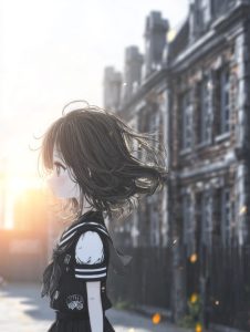 放課後の柔らかな光に包まれ、風になびく髪を横に揺らしながら立つ黒髪のセーラー服の少女。背後にはヨーロッパ風の校舎が並ぶ。