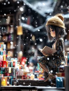 雪が舞う古書店の中、ニット帽をかぶった少女が静かに本を読む。カラフルな本が積まれた中に座り込む姿が幻想的な雰囲気を漂わせている。