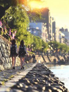 夏の夕暮れ、制服姿の女子学生二人が川沿いの石畳を歩いている。木漏れ日と逆光が柔らかく街と少女たちを照らしている。