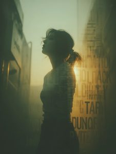 夕暮れ時の逆光に照らされる女性のシルエット。柔らかな光と都市の壁面が幻想的な雰囲気を演出