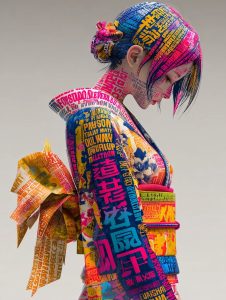 ネオンカラーの文字をまとった着物姿のアニメ風美少女、横向きで儚げな表情のAIイラスト（Midjourney生成）