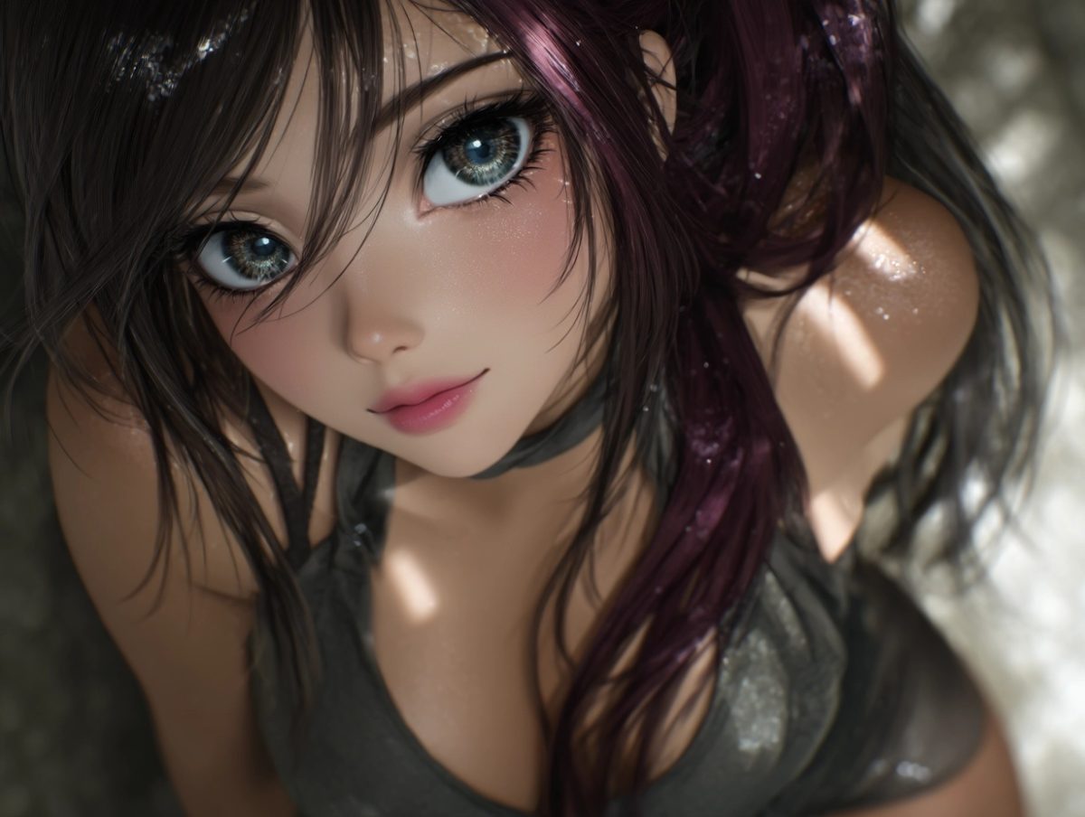 アニメスタイルで描かれたリアルな質感の少女。濡れた髪ときらめく肌が、木漏れ日の中で印象的に描かれている。