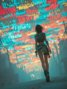 色鮮やかなネオン広告が頭上に浮かぶ廃墟の街を、サイバーパンク風の少女が一人で歩いている幻想的な光景