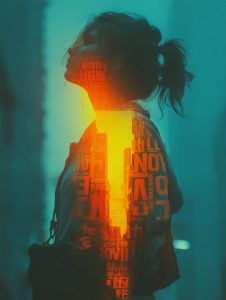 女性の横顔シルエットにオレンジ色の光と都市のタイポグラフィが重なり、幻想的な雰囲気を漂わせるアート作品
