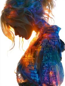 多言語のワードが重なり合う透明なシルエットの女性、横顔の二重露光AIイラスト（ネオンカラー・高精細・縦構図）
