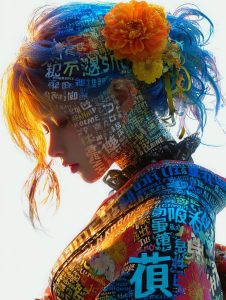 鮮やかな花飾りと多言語のタイポグラフィが融合した横顔の美少女イラスト（高精細・着物・二重露光）