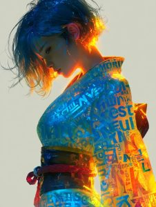 青いショートヘアの少女がタイポグラフィで装飾された着物を纏い、夕焼けのような光に包まれているAIイラスト（縦構図・高精細）