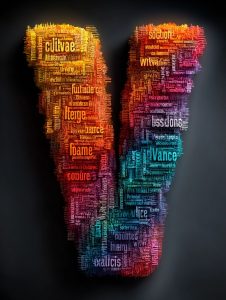 カラフルな単語で構成されたV字型のタイポグラフィアート、オレンジ・赤・青・紫のグラデーションが特徴