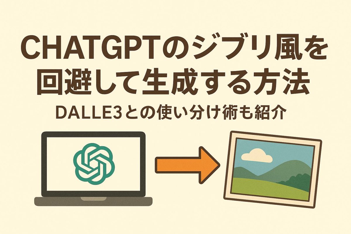 ChatGPTのロゴが描かれたノートパソコンと矢印、その先にある風景画像のイラスト。ジブリ風を避ける画像生成方法とDALLE3の使い方を示すアイキャッチ。