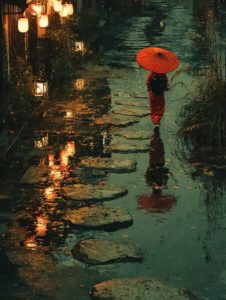 雨の石畳の上を、赤い和傘を差した着物姿の女性が歩いている和風の風景イラスト