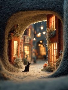 羊毛フェルトで作られた路地裏にたたずむ黒猫の後ろ姿と、明かりの灯る街並み