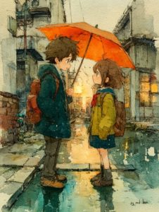 夕暮れの古い町並み、ひとつの傘をふたりで分け合う学生の男女の水彩風イラスト