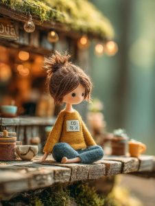 羊毛フェルトで作られた少女が森のカフェのウッドデッキに座っている様子