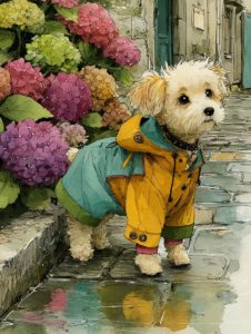 レインコートを着た小型犬が紫陽花の咲く石畳の道を歩いているイラスト
