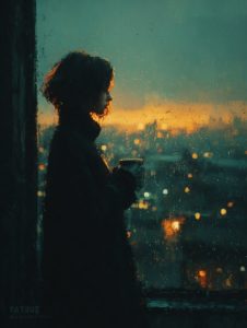 夕暮れの雨の街を見下ろす窓辺に立ち、マグカップを手に静かに佇む女性のシルエット