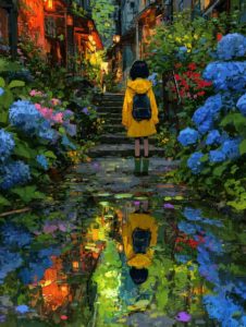カラフルな紫陽花と灯りに囲まれた石畳の路地を歩く黄色いレインコートの少女と、その水たまりに映る幻想的な反射